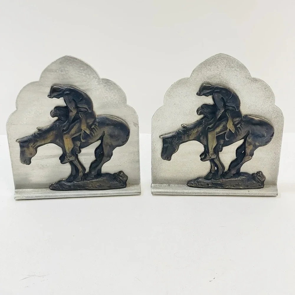 Vintage Western Cowboy Native American End Of The Trail Metal Bookends